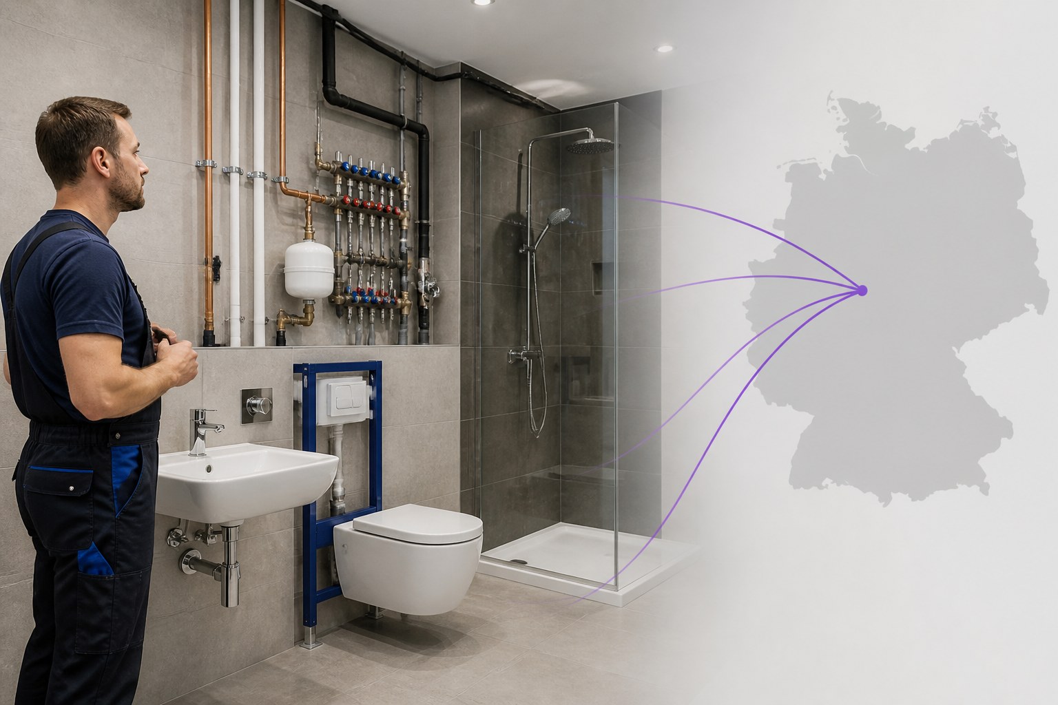 Qualified sanitary installer reviewing a completed installation with a Germany silhouette