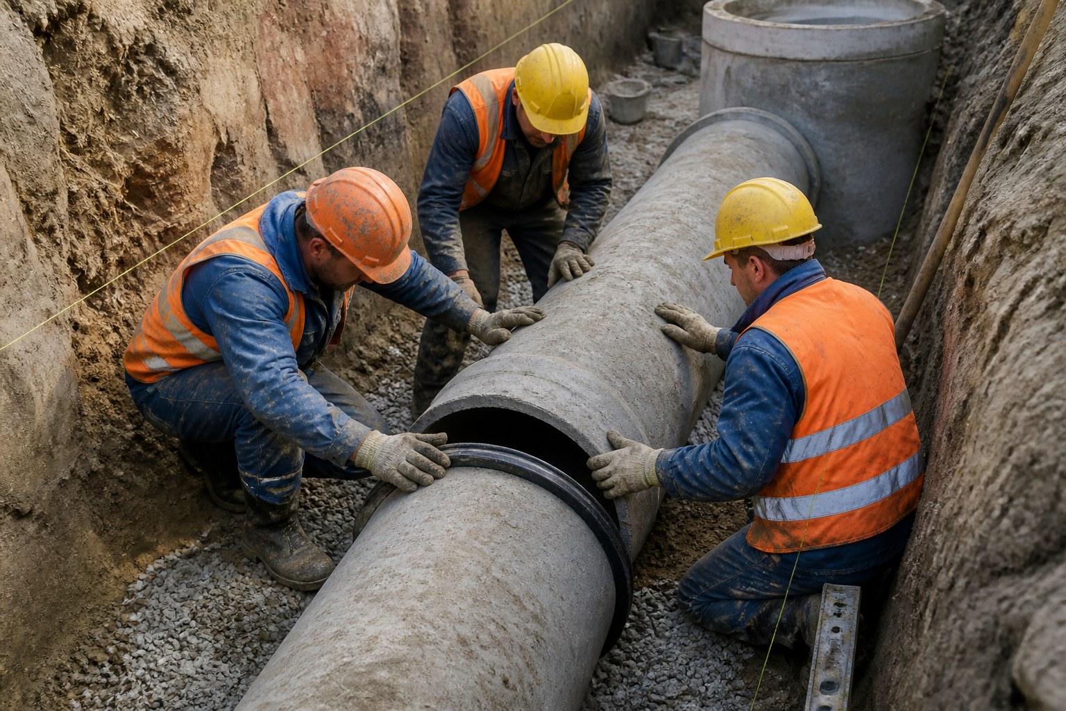 Sewer construction team aligning a large pipe section in a prepared trench