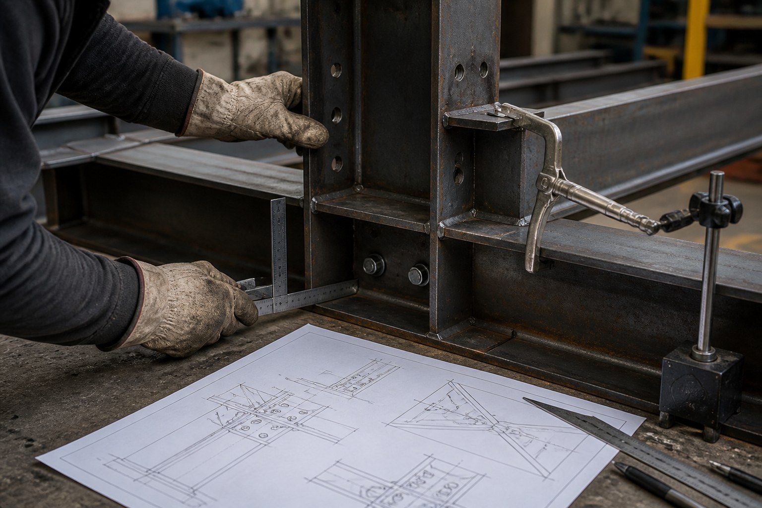 Gloved structural steel fitter checking steel section alignment beside a technical drawing
