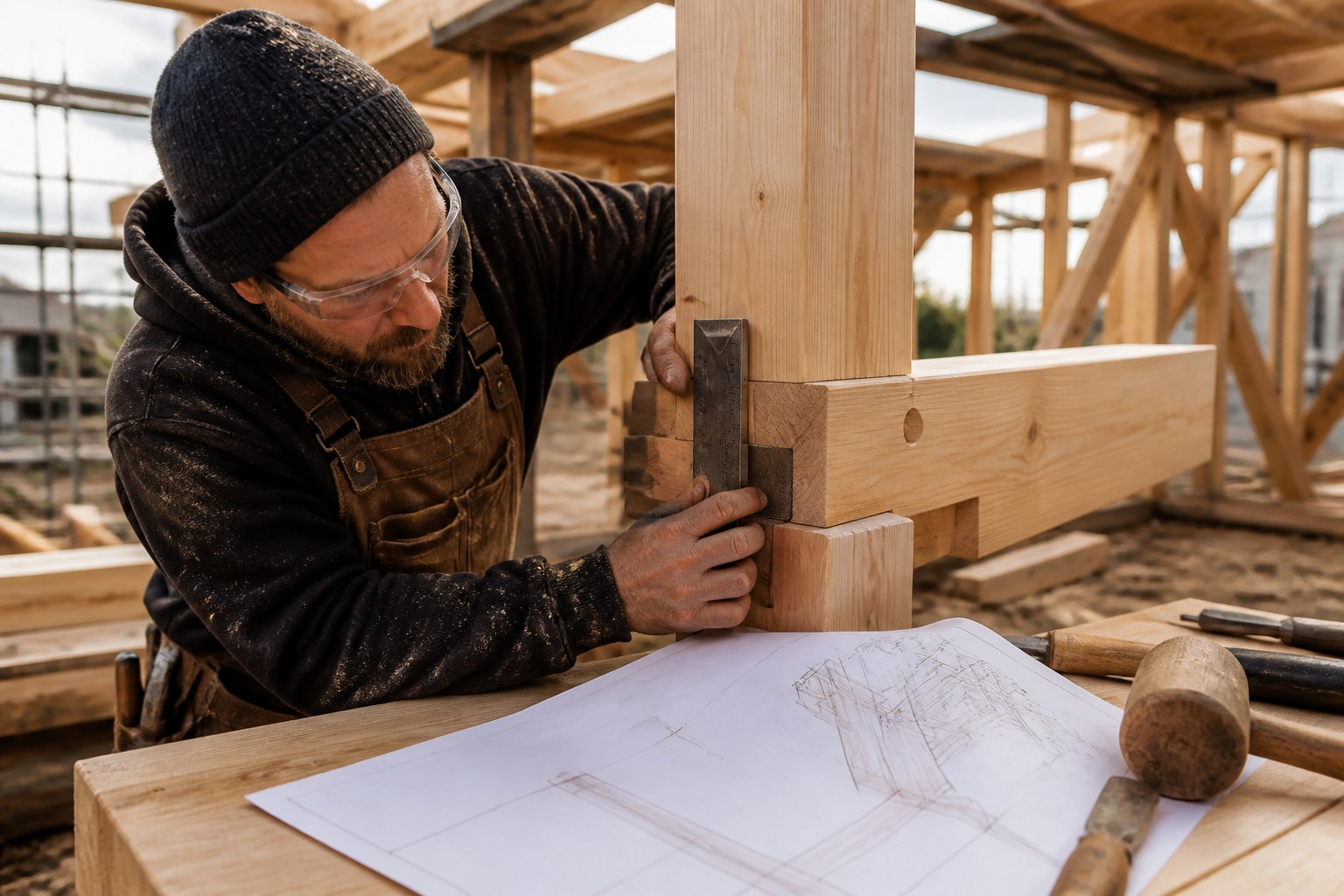 Timber framer checking a wooden joint against a construction drawing