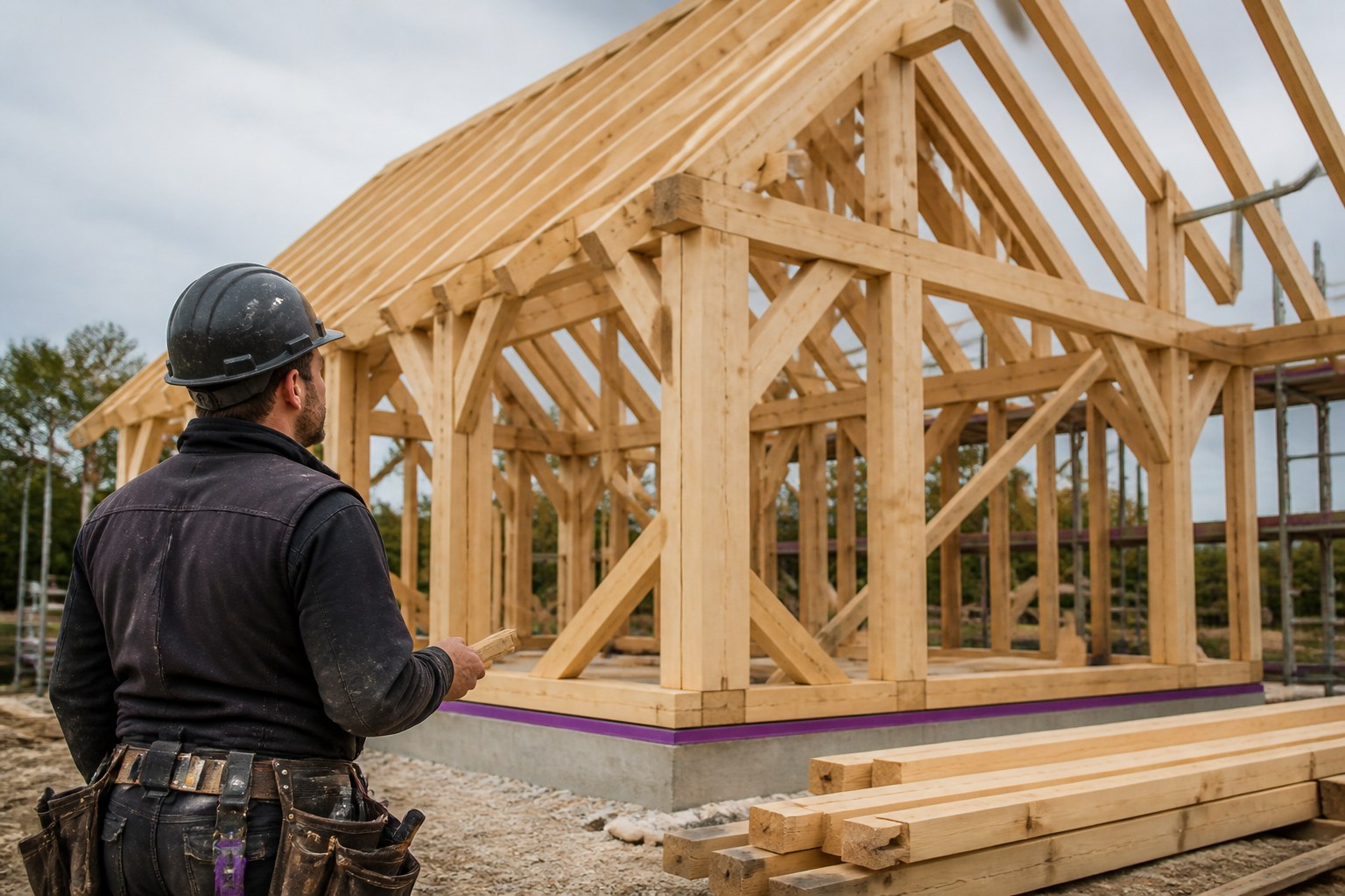 Timber framer reviewing a completed timber-frame structure in Germany