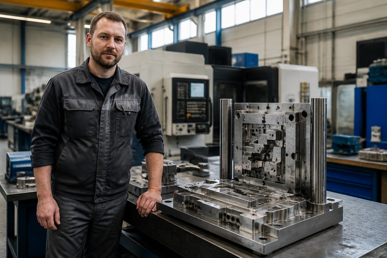 Qualified toolmaker beside completed precision tooling in a German industrial production environment