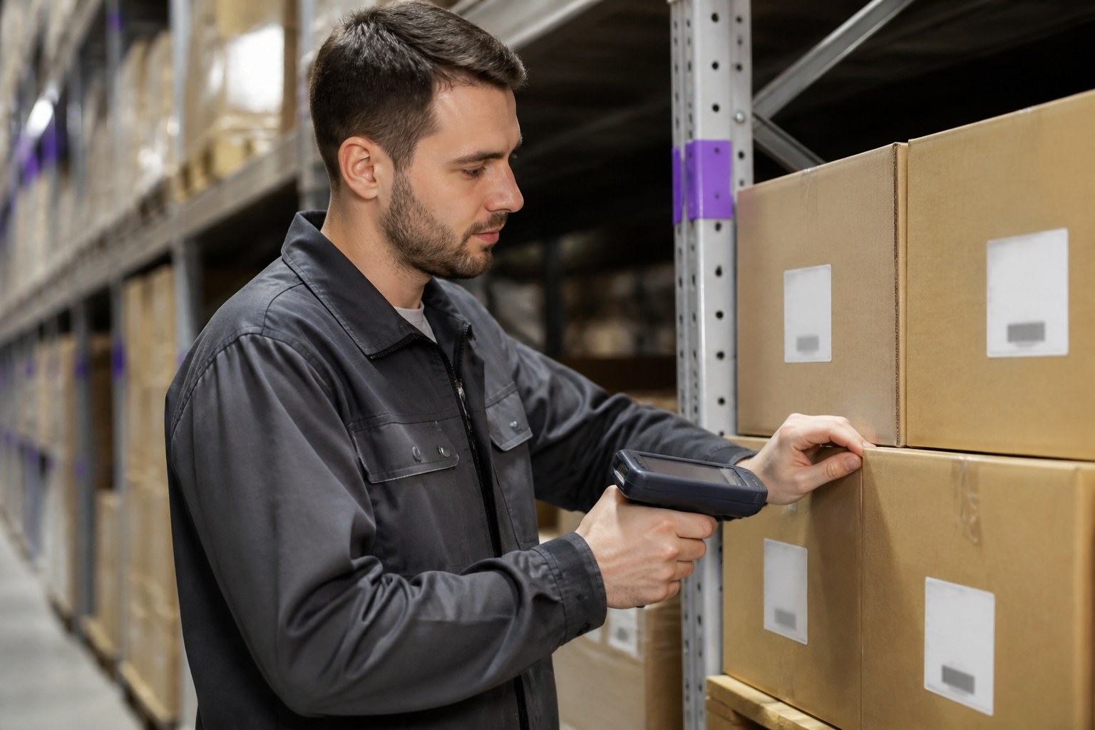 Warehouse logistics specialist verifying cartons and inventory information with a handheld scanner