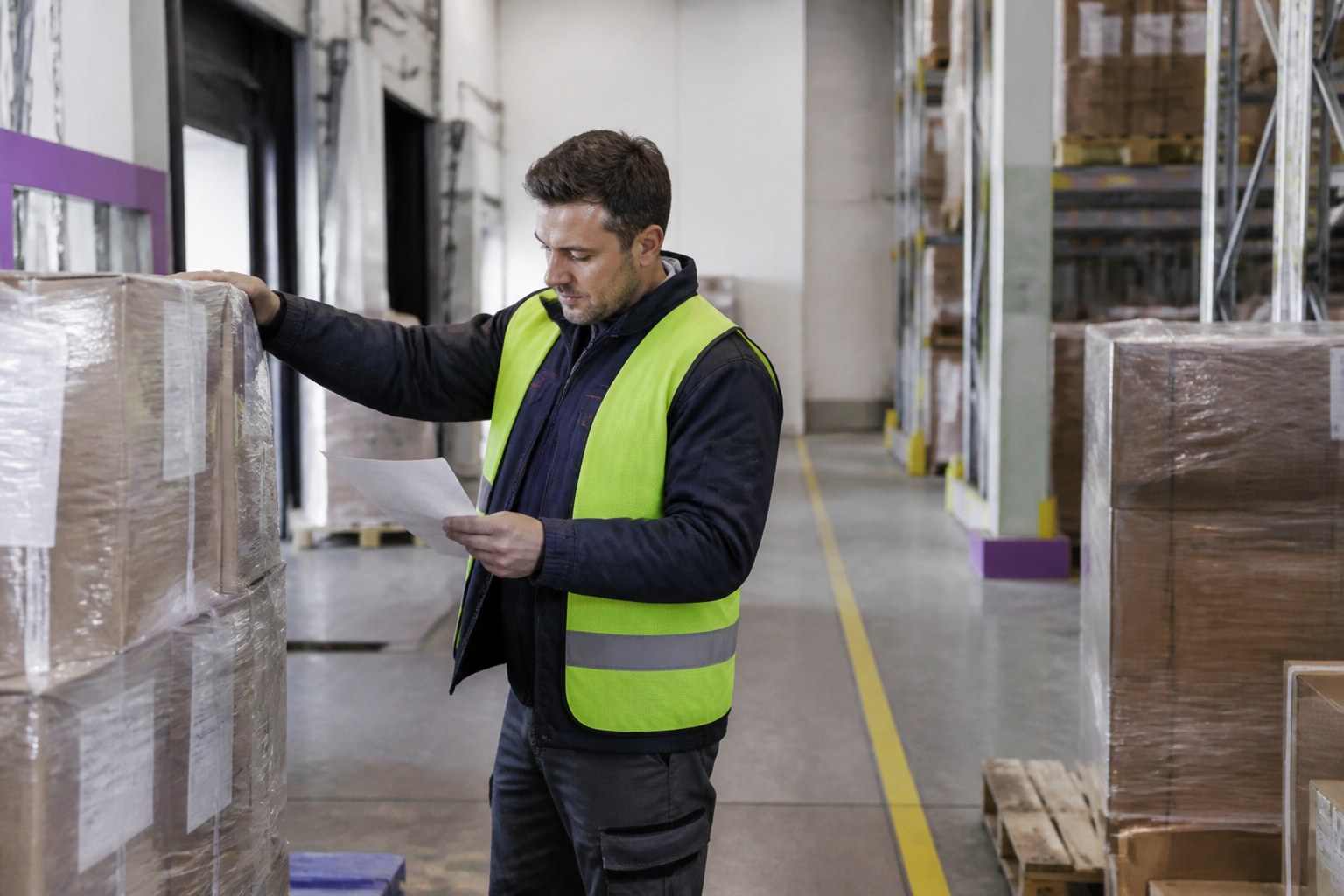 Warehouse logistics specialist checking labeled pallets and delivery records in a goods-receiving area