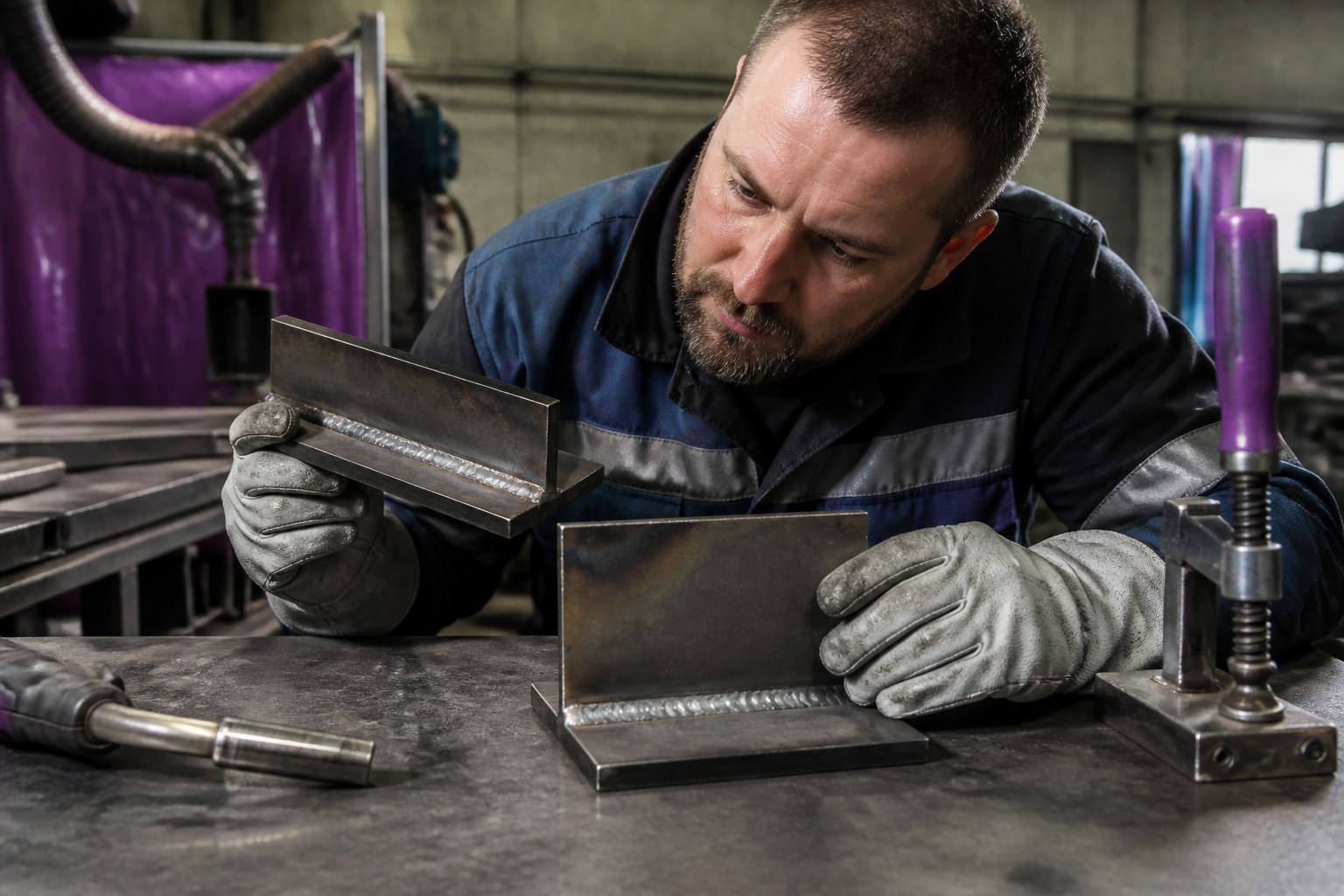Welder inspecting a finished metal joint beside a prepared metal workpiece