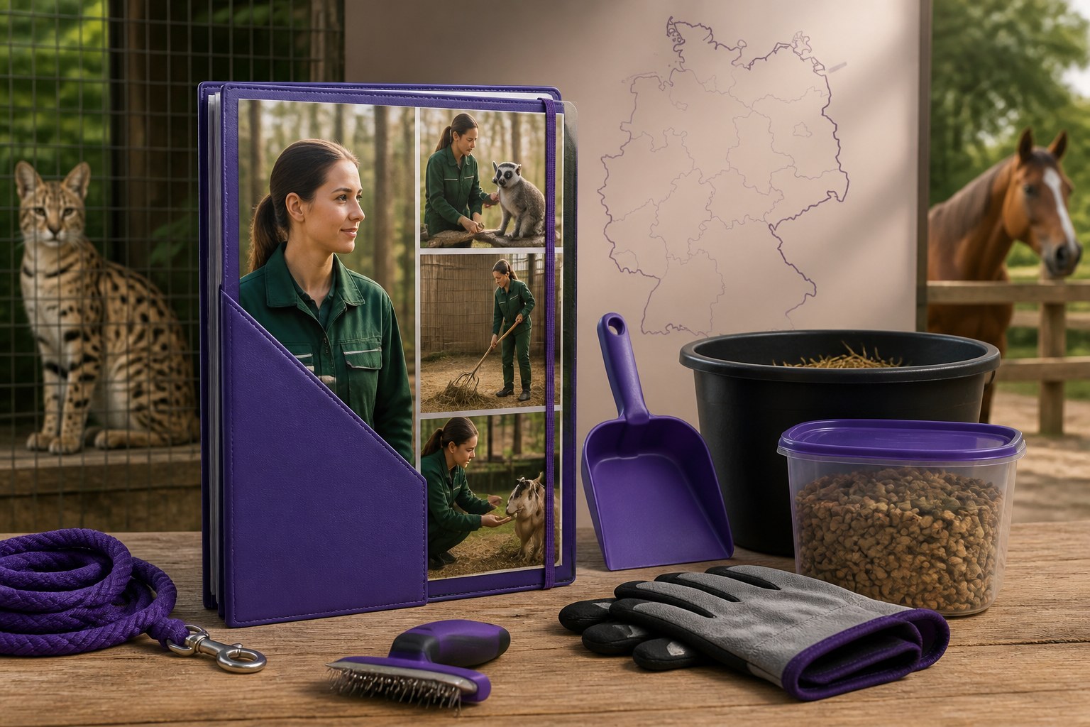 Animal-care equipment beside a professional candidate profile and an outline of Germany