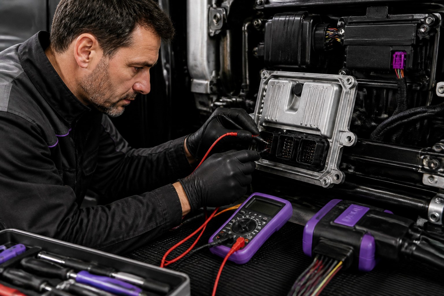 Automotive mechatronics technician testing vehicle electrical systems with a multimeter
