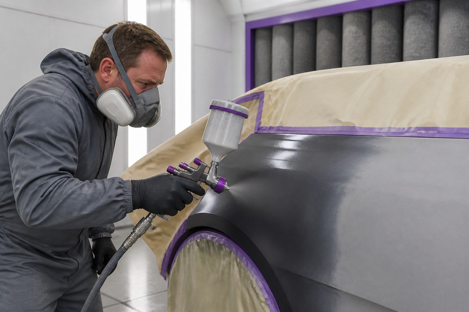 Automotive painter applying a controlled coating to a prepared car panel