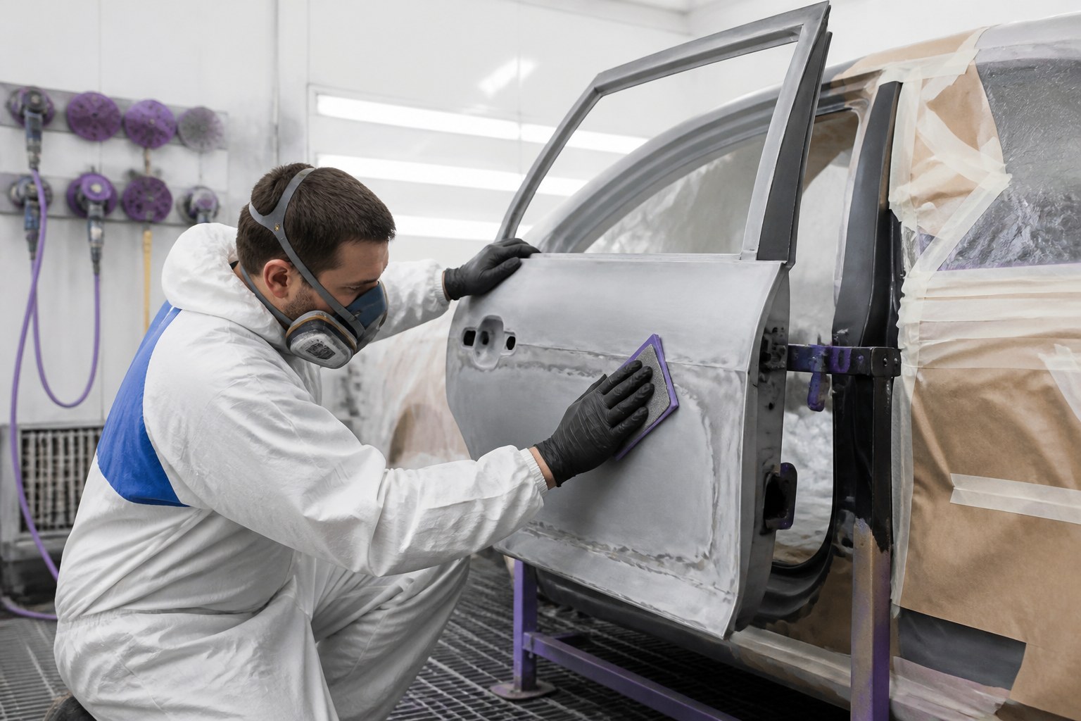 Automotive painter preparing a vehicle door in a professional refinishing workshop