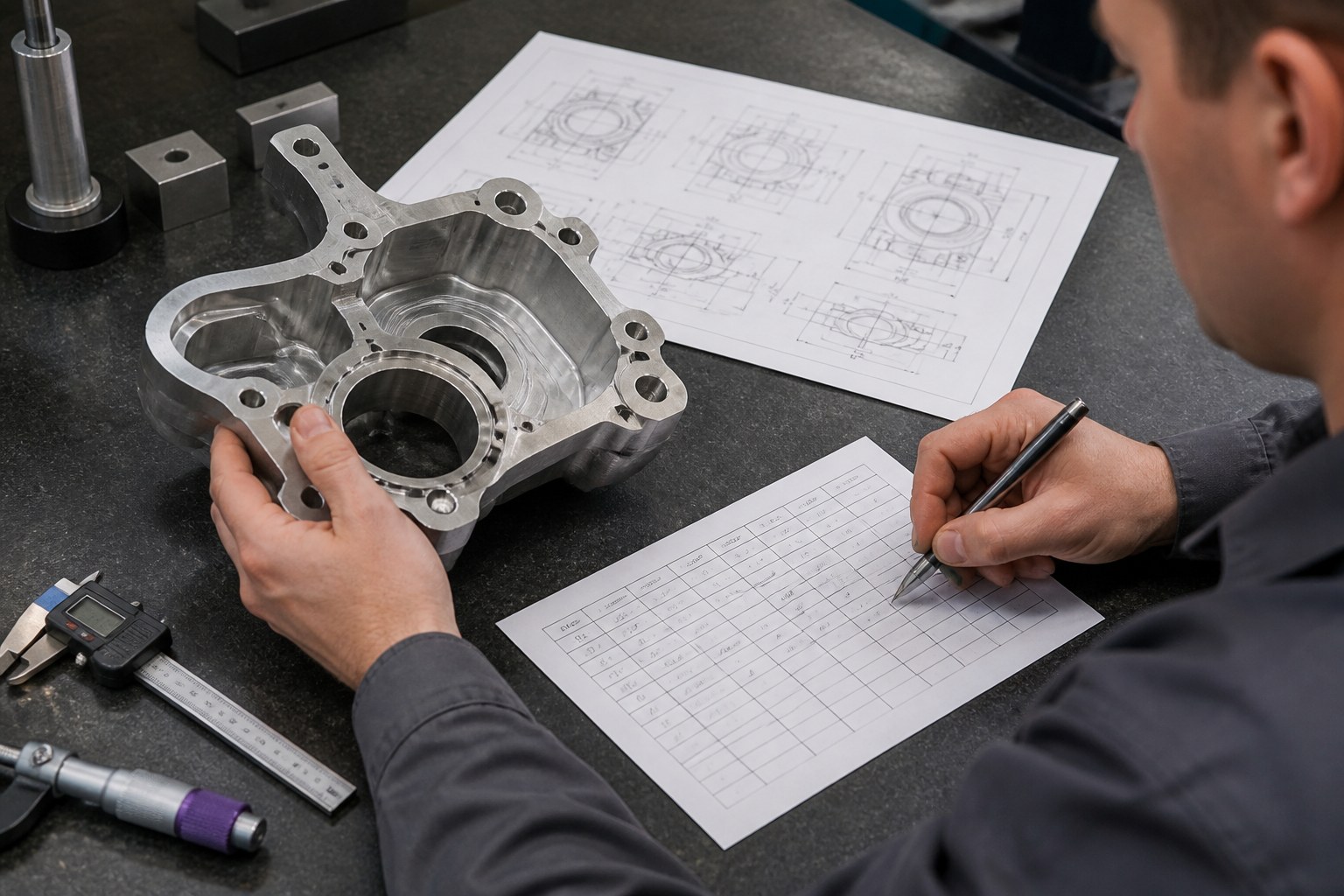 Close view of an automotive quality inspector measuring a metal component and recording an inspection result