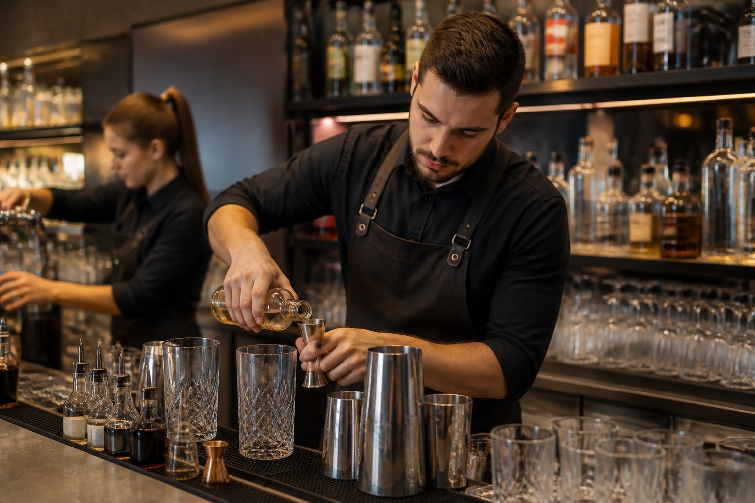 Bartender organising glassware and ingredients during active service