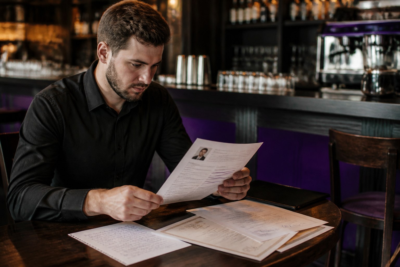 Bartender applicant reviewing a CV, certificates and language notes beside a professional bar