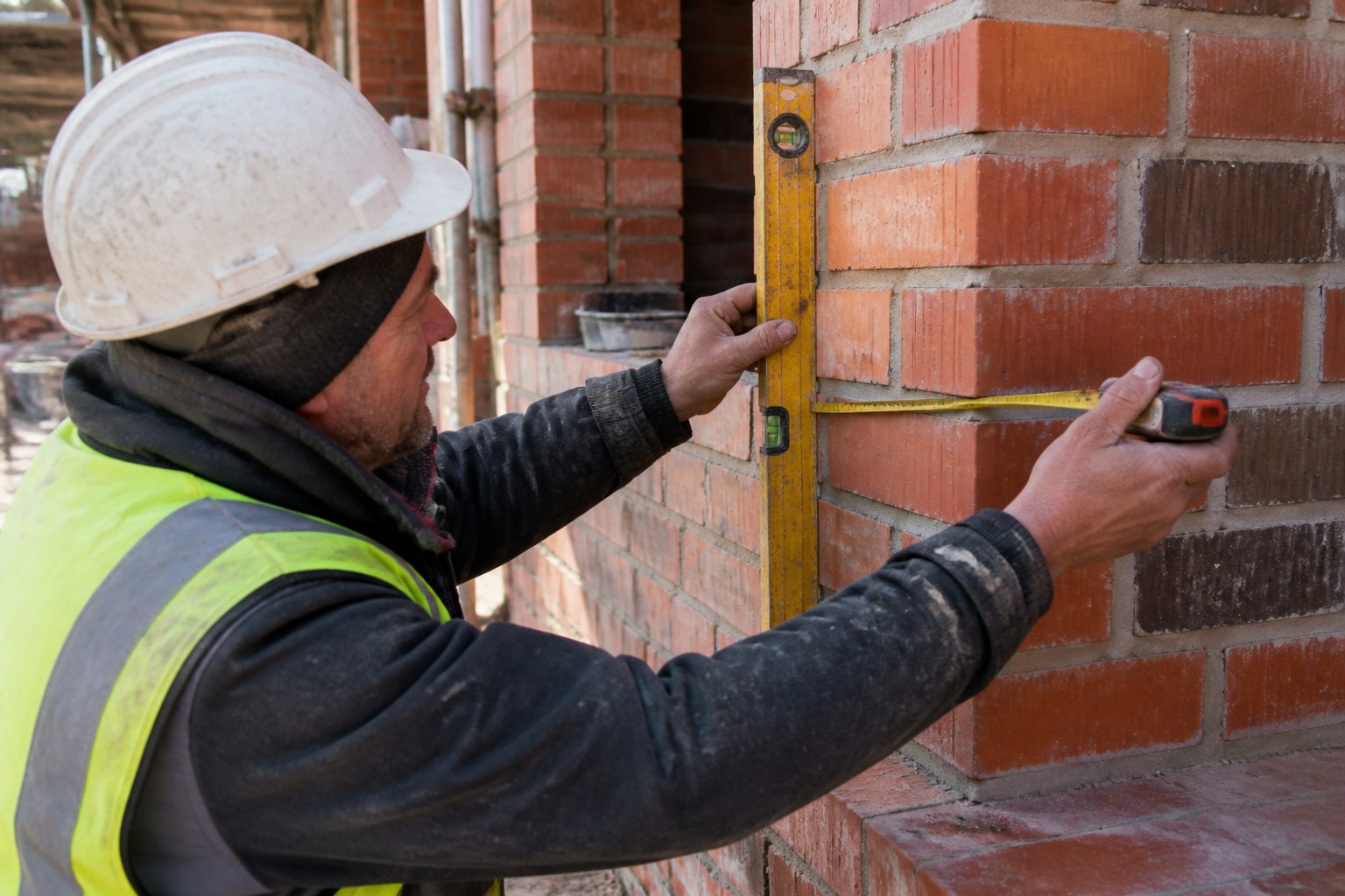 Bricklayer checking wall alignment with a spirit level and measuring tape