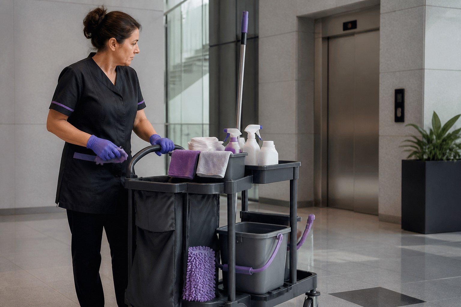 Building cleaner preparing organized cleaning materials in a modern public building