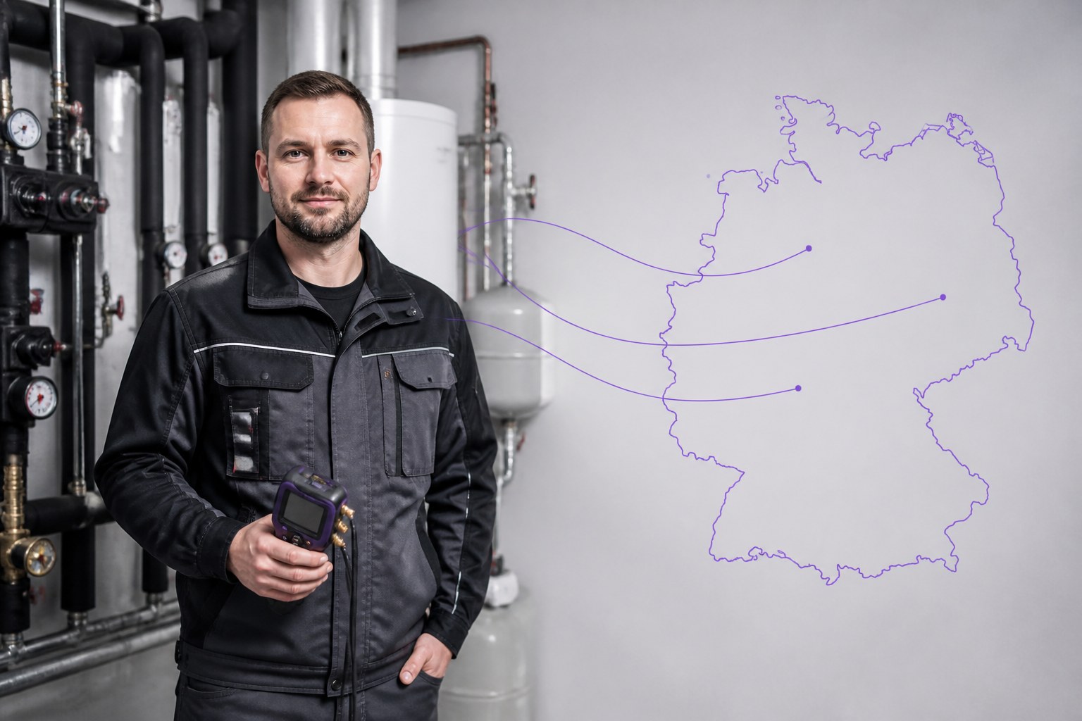 Qualified building services technician beside a simplified outline of Germany