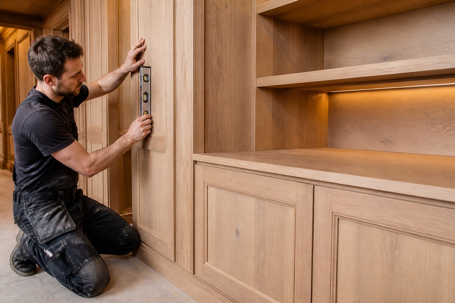 Joiner installing and checking a fitted wooden interior component