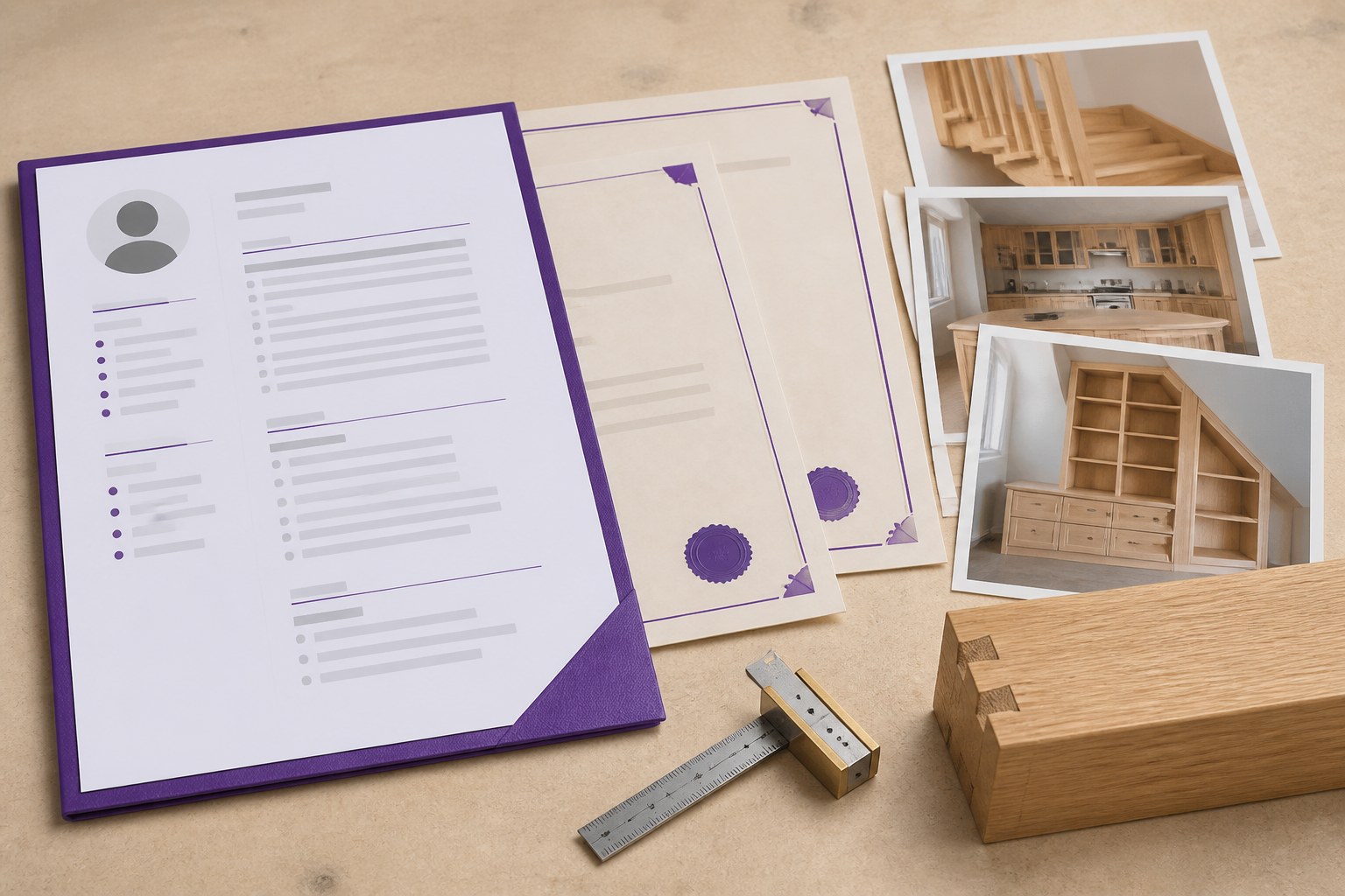 Organised carpentry application portfolio with certificates, CV and woodwork evidence