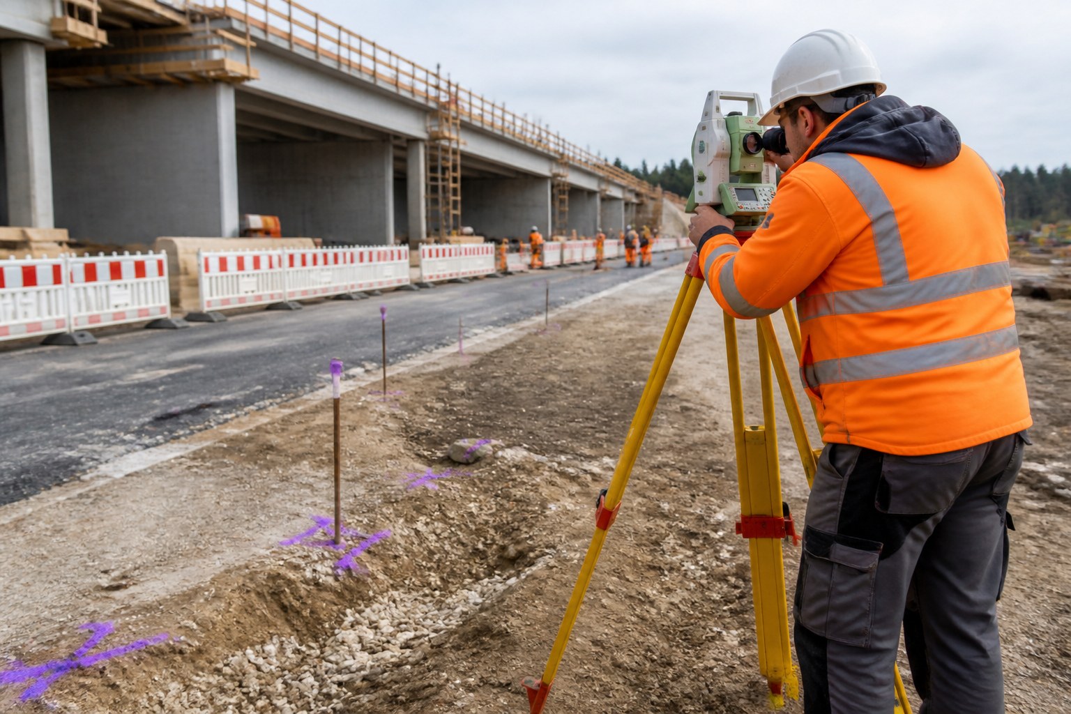Civil engineering professional performing a site measurement near road construction