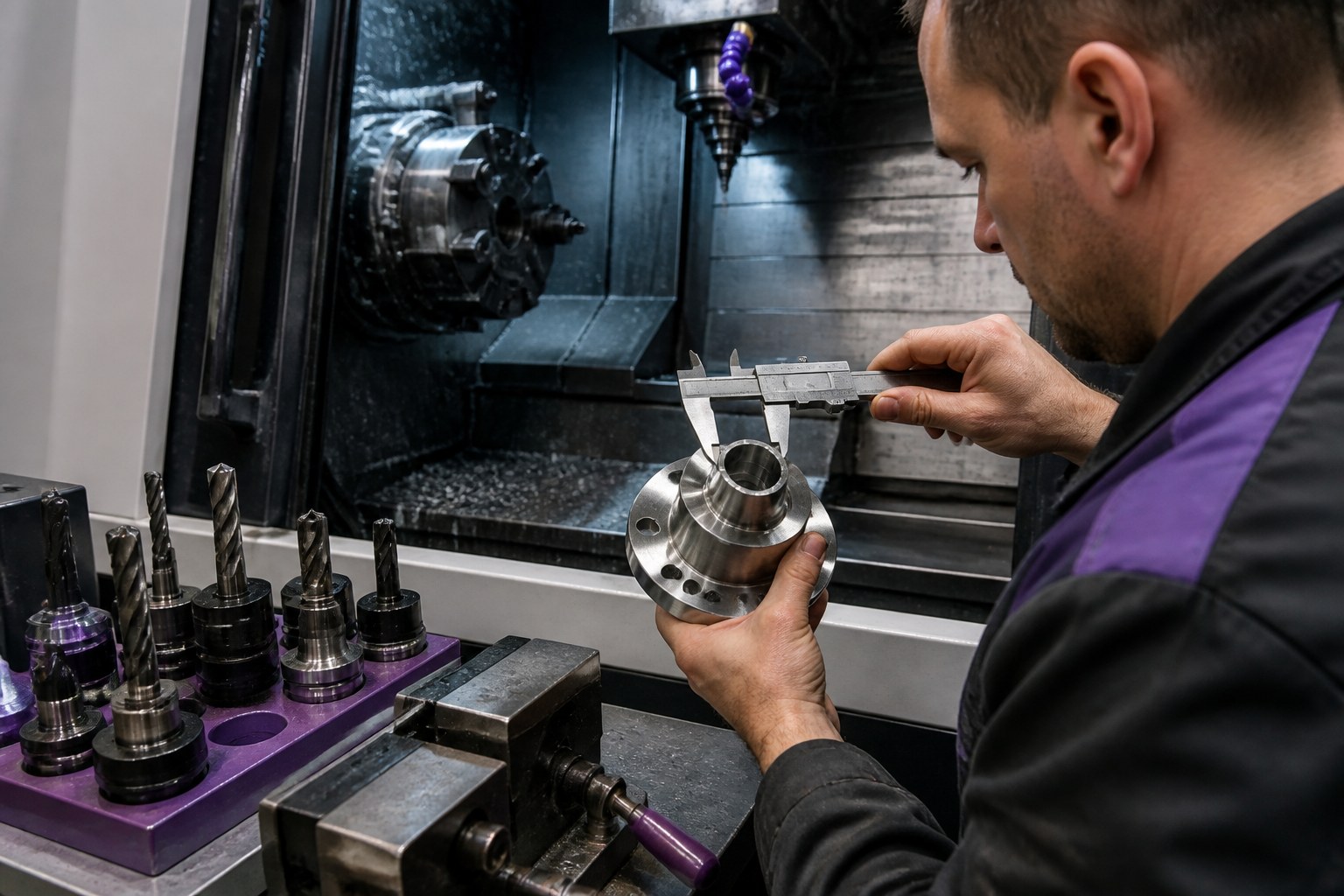 CNC technician measuring a freshly machined metal component beside an open CNC machine