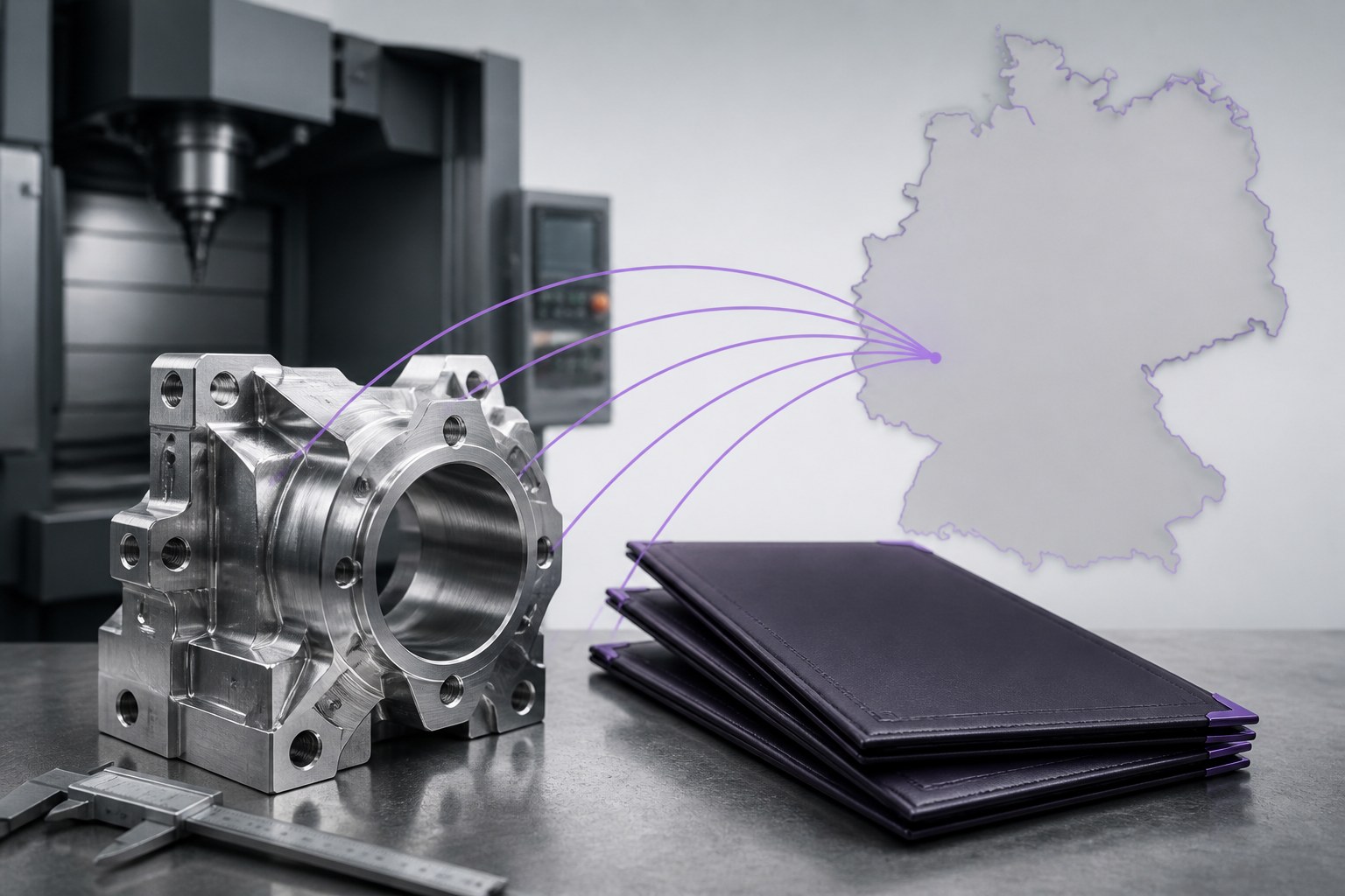 Editorial illustration linking CNC qualifications and technical documents with employment in Germany