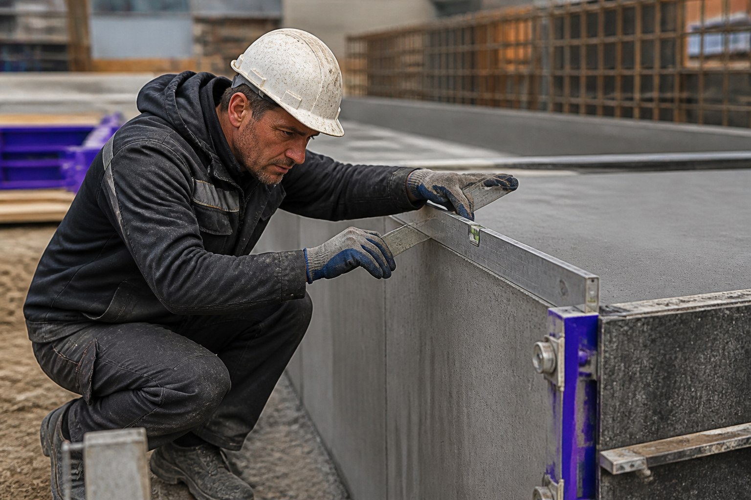 Concrete worker checking the alignment and surface of a newly prepared concrete structure