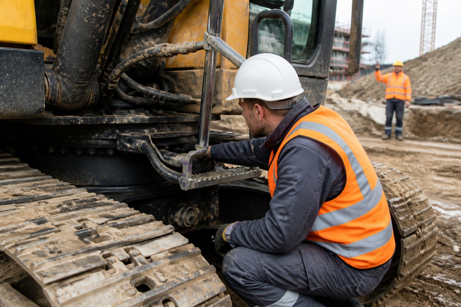 Construction equipment operator inspecting hydraulic components and tracks before work