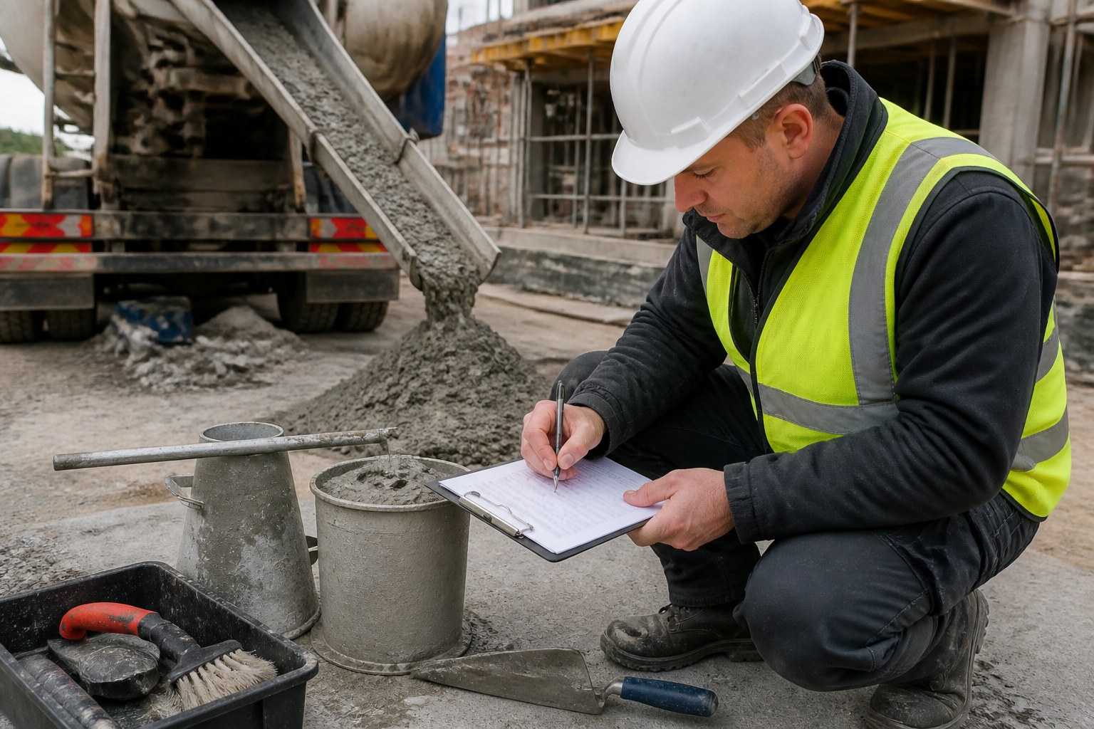 Construction materials tester collecting a concrete sample at a construction site