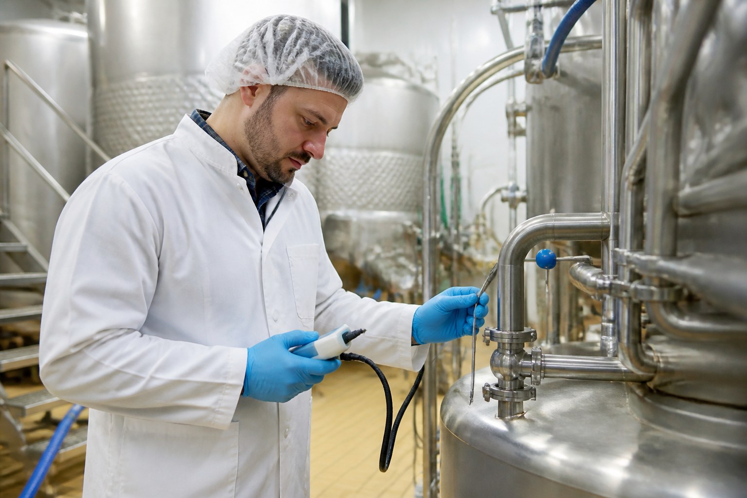 Dairy technologist checking hygiene and quality measurements near stainless-steel processing tanks
