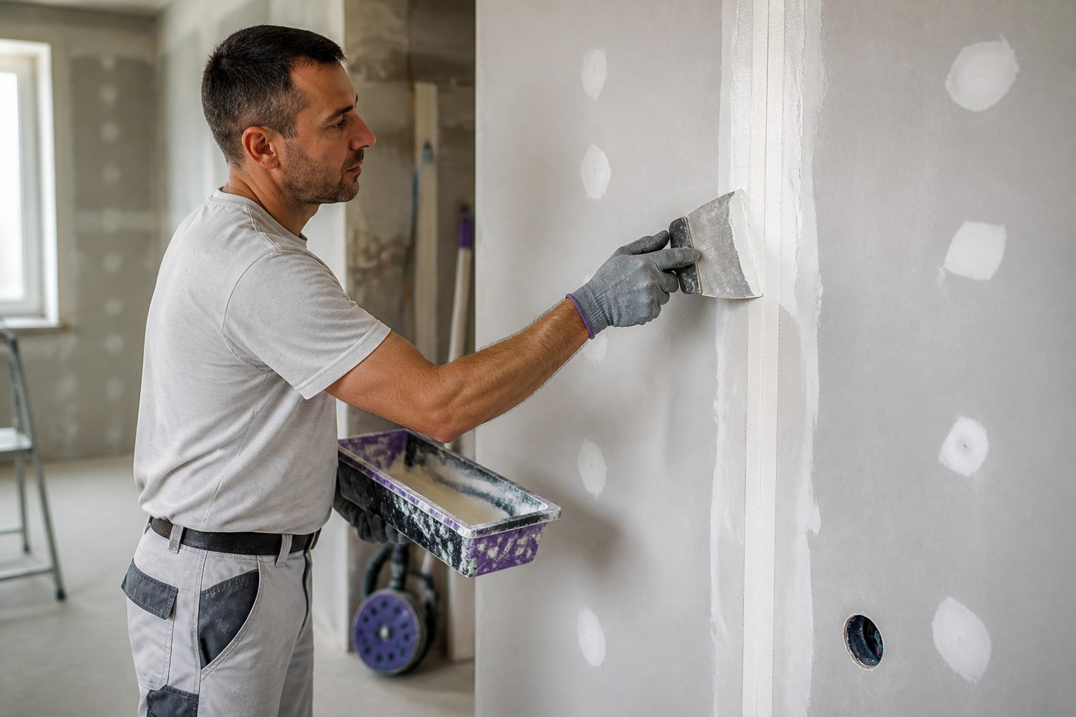 Drywall installer applying joint compound to a seam between boards