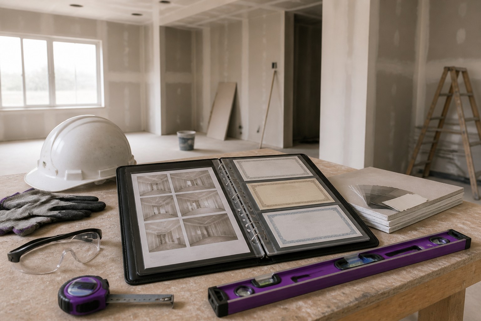 Organised drywall installer portfolio with tools, safety equipment and certificates
