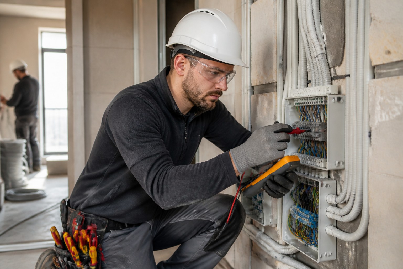Electrician routing cables and checking connections on a construction site