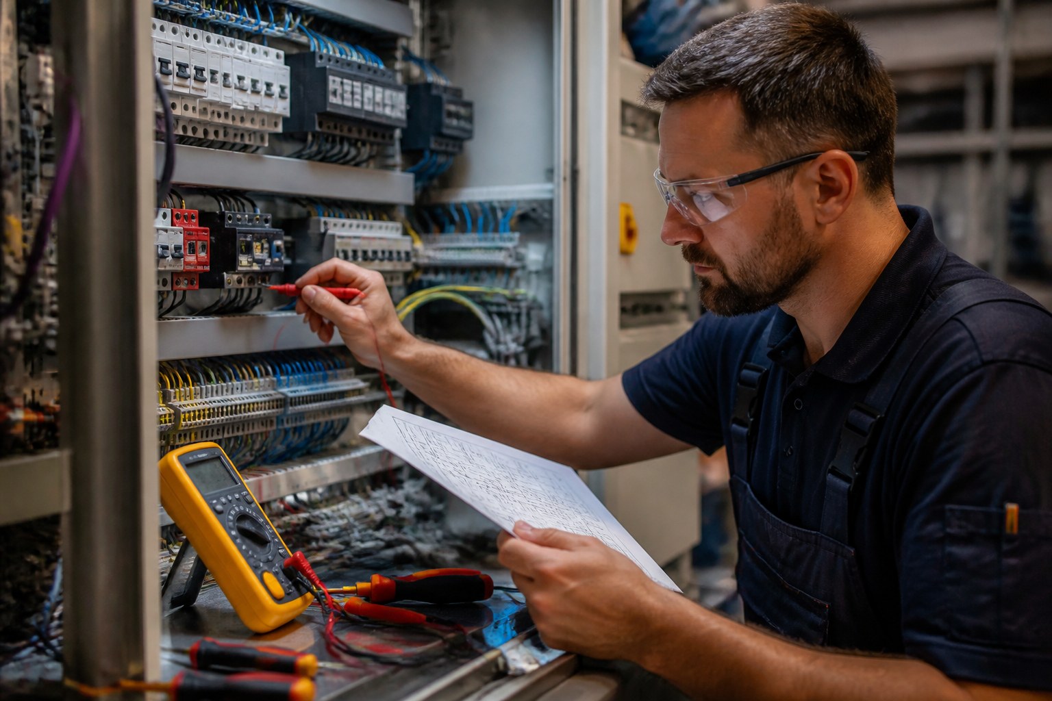 Electronics technician testing an automation control panel while checking a technical diagram