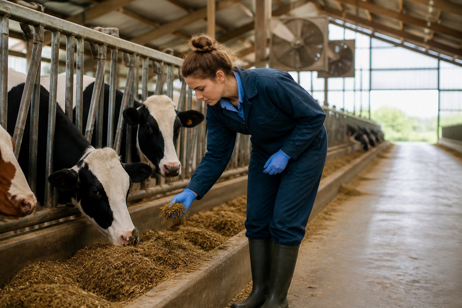 Farm worker checking feed and animals in a livestock facility