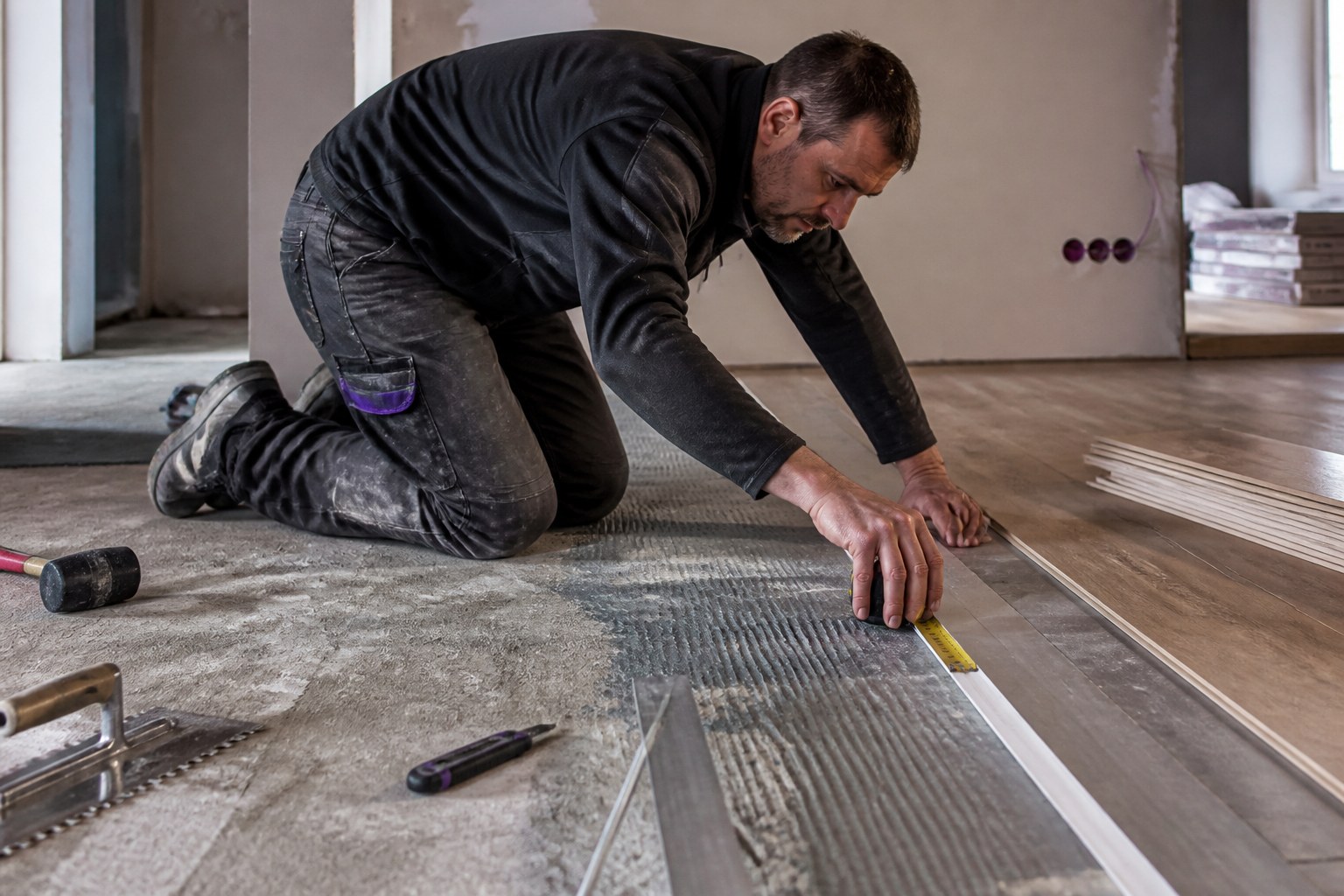 Floor layer measuring and preparing a surface in a partially finished interior