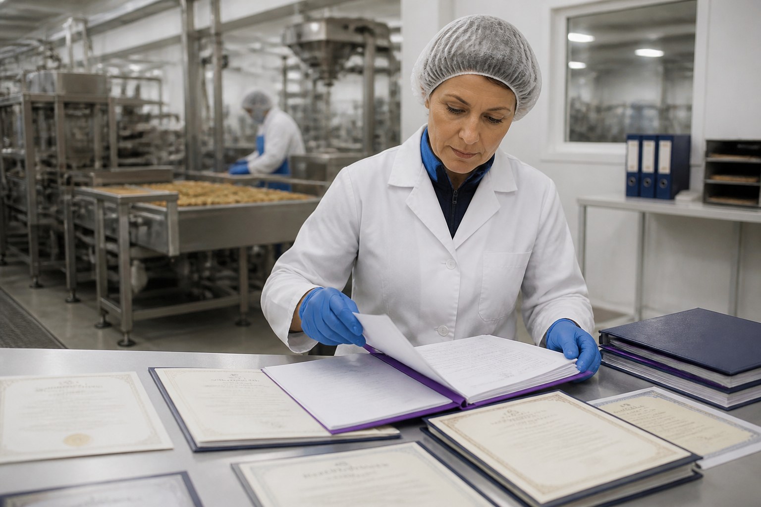 Food quality inspector preparing qualification documents beside a production environment