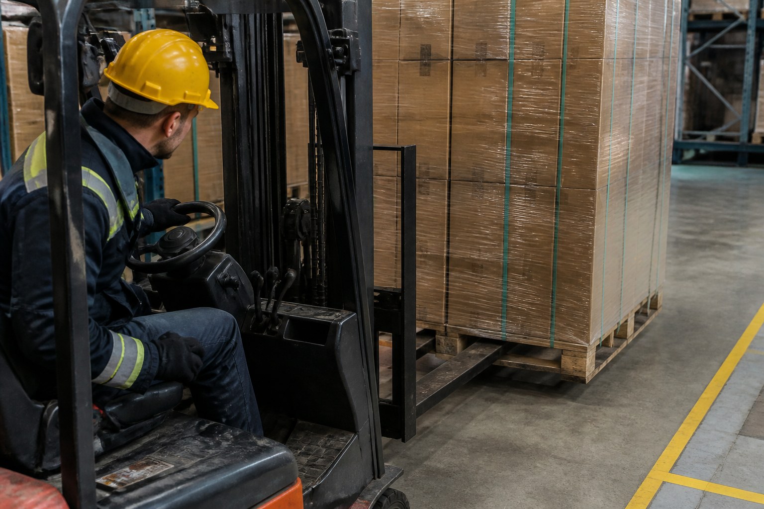 Forklift operator checking pallet stability and clearance before moving a load