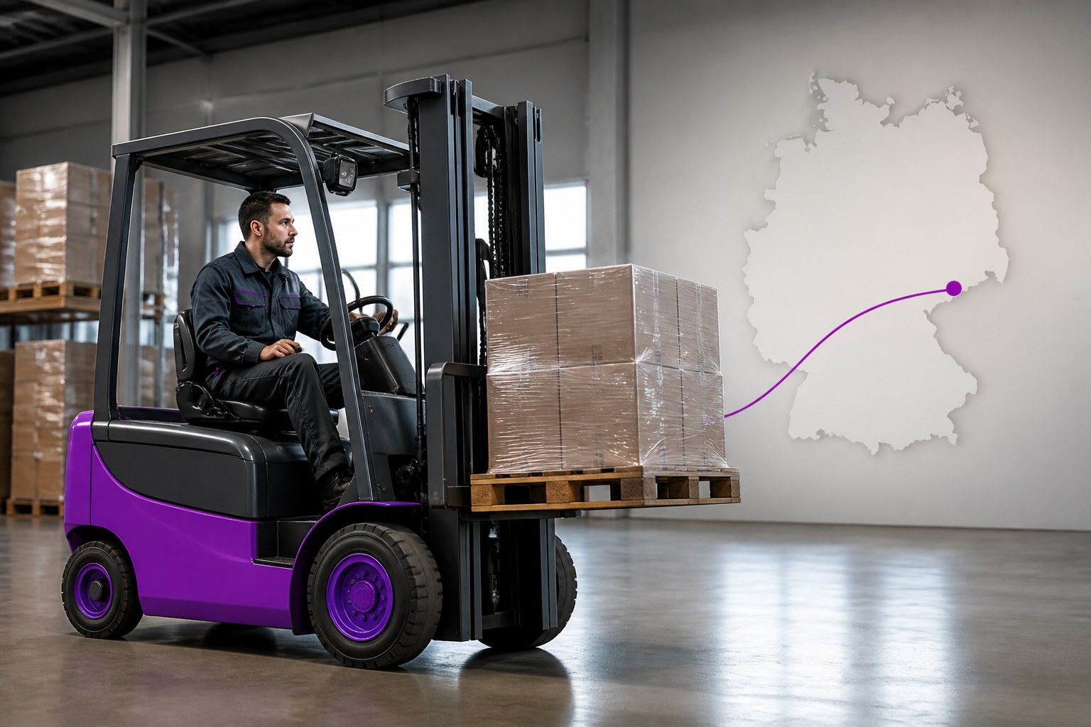 Forklift operator in a warehouse with a subtle Germany silhouette representing nationwide work opportunities