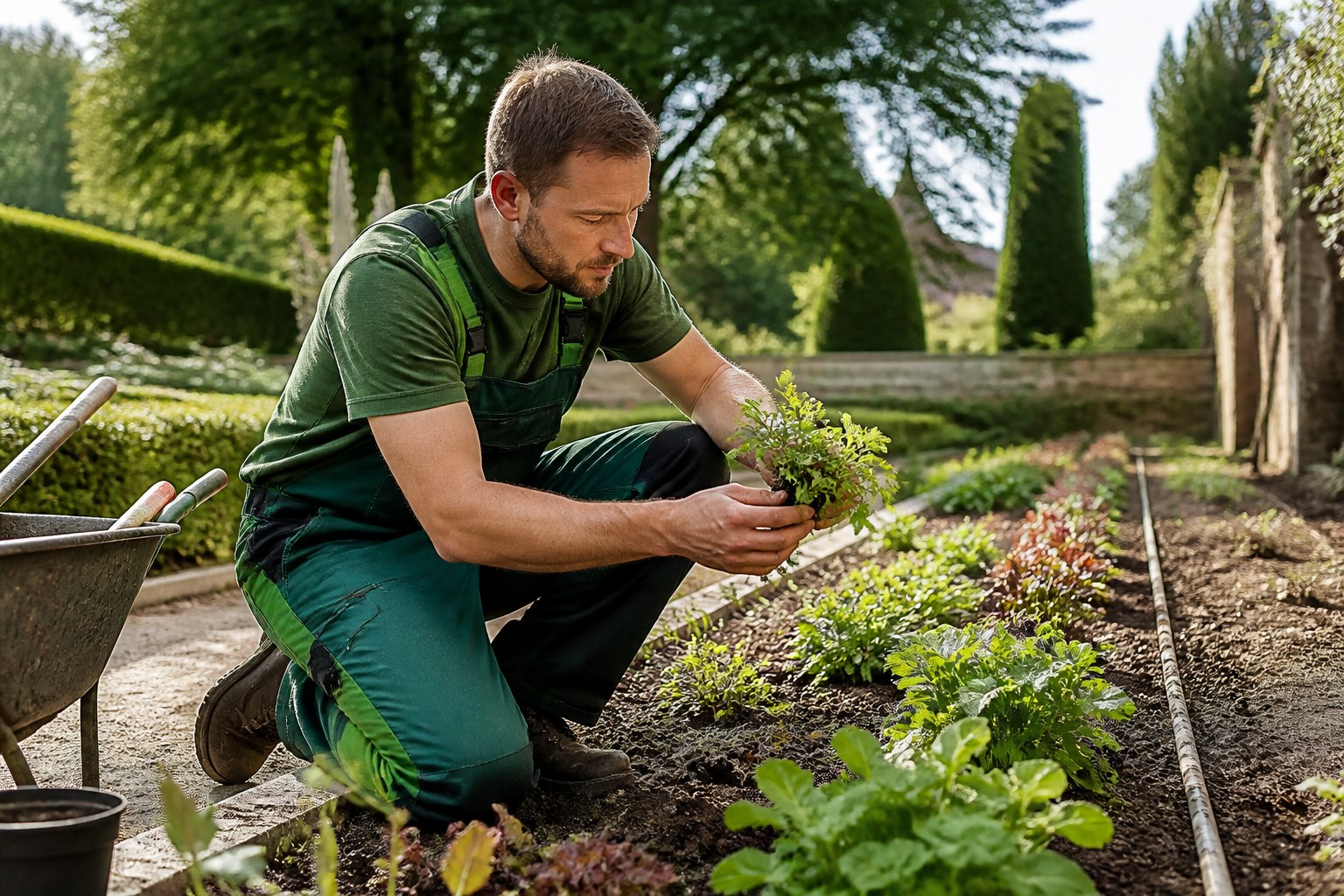 Professional gardener inspecting plants beside maintained outdoor planting beds in Germany