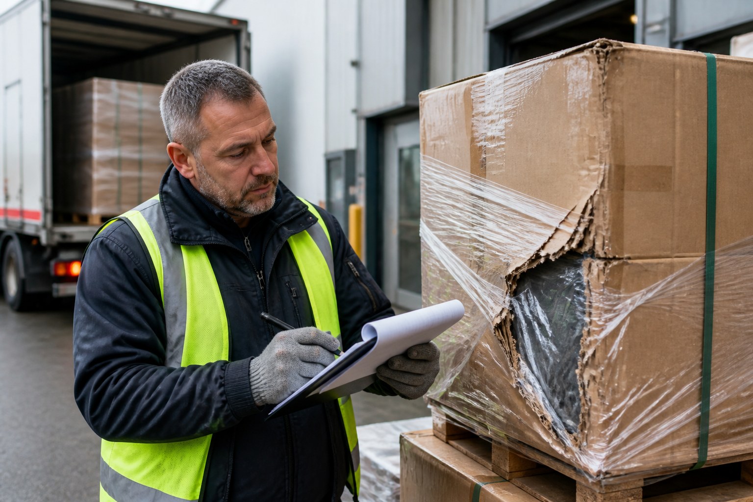 Goods receiving inspector documenting damage to an incoming package