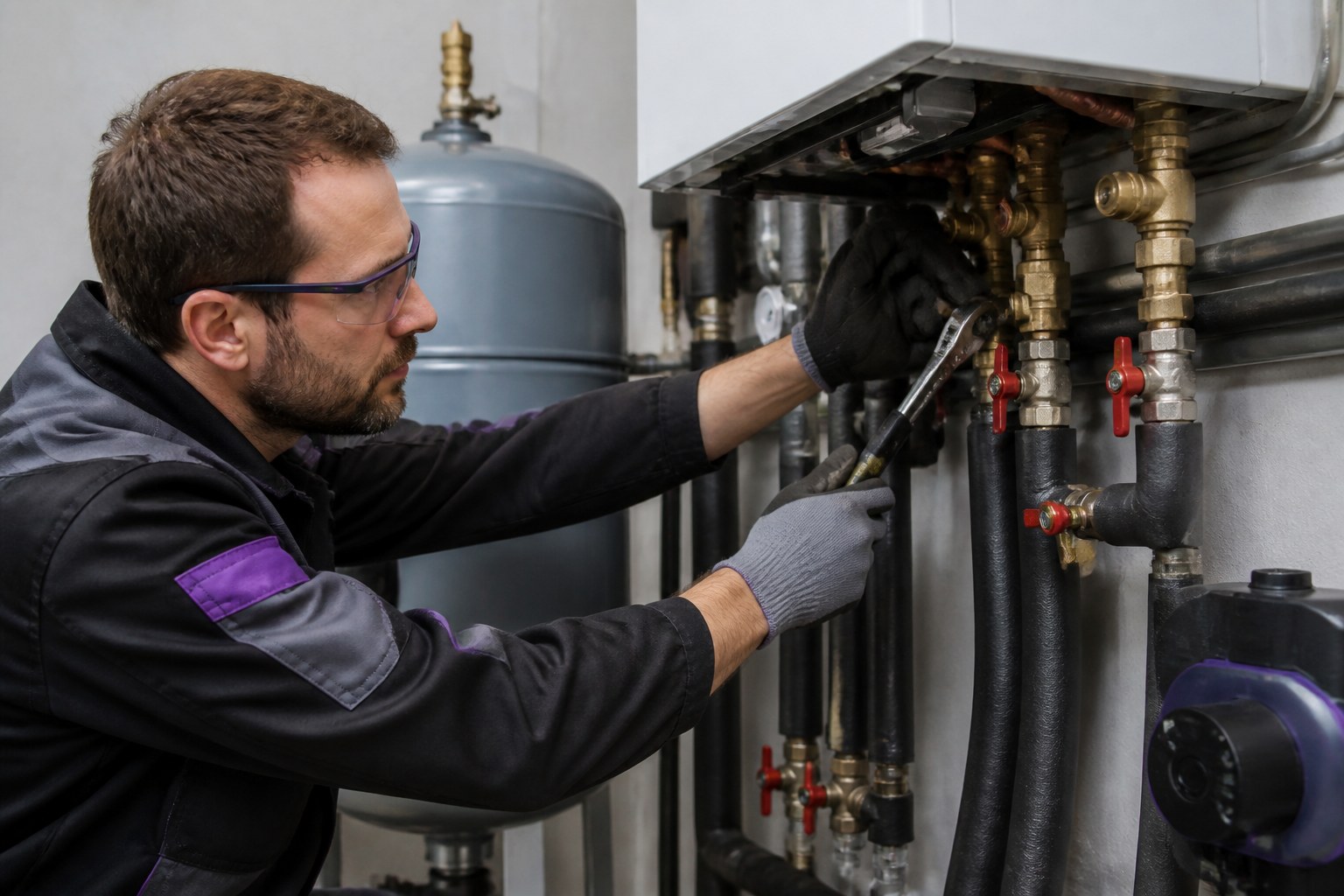Heating installer connecting insulated pipes and fittings to a heating unit