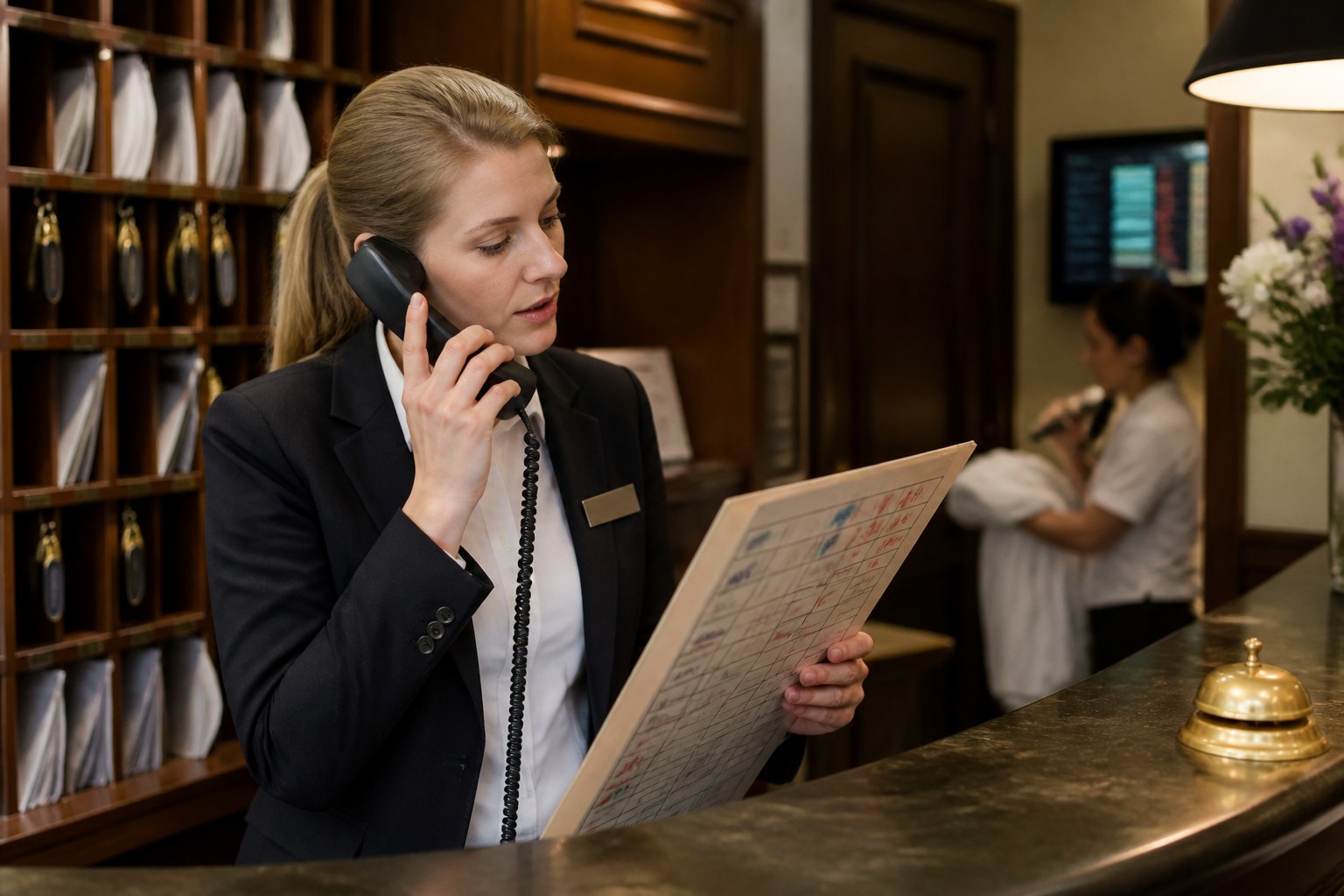 Hotel receptionist coordinating a guest request by telephone while checking reservations