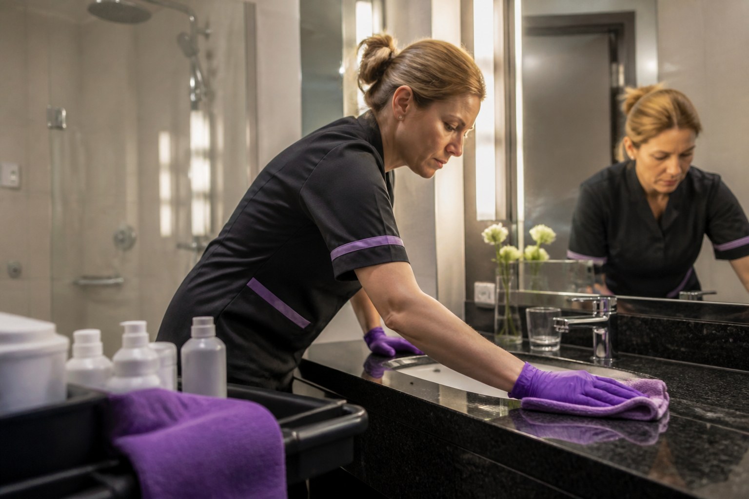 Housekeeping specialist cleaning a bathroom surface with protective gloves and organized products