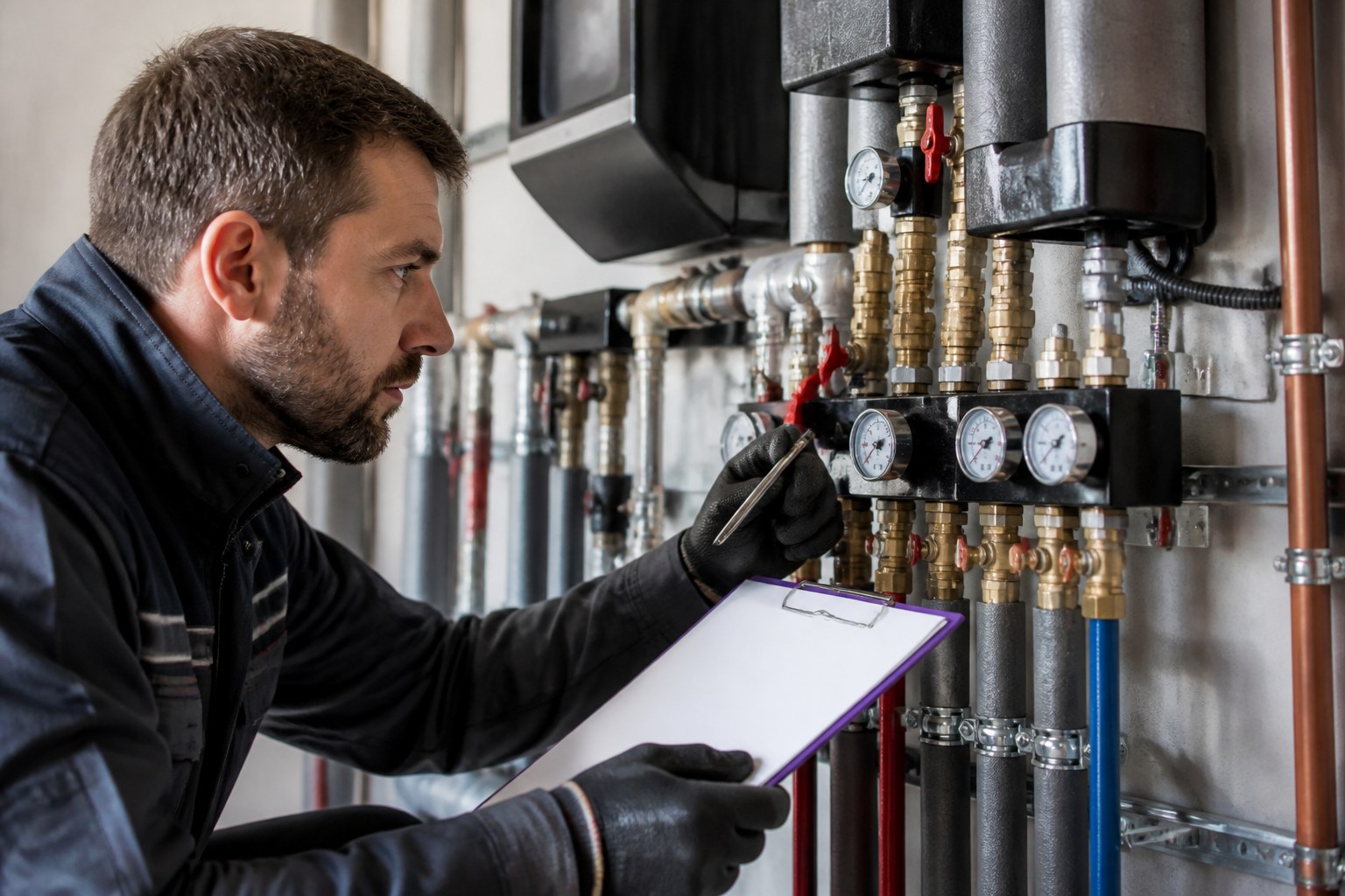 HVAC mechanic inspecting valves, gauges, pipe connections and ventilation components during troubleshooting