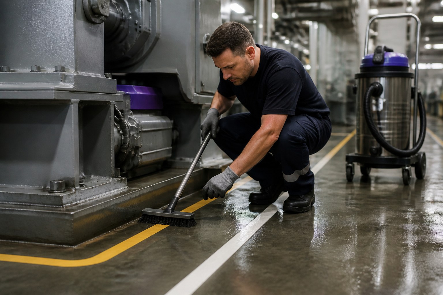 Close view of an industrial cleaner cleaning around machinery bases on a factory floor