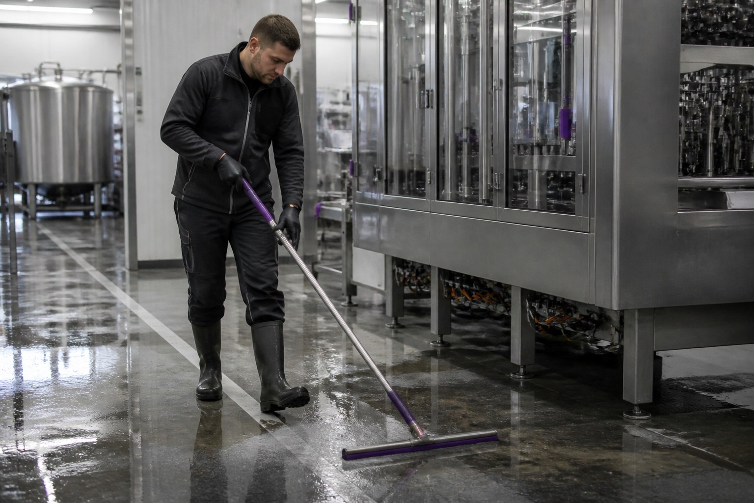 Industrial cleaner working in a factory production area with professional cleaning equipment