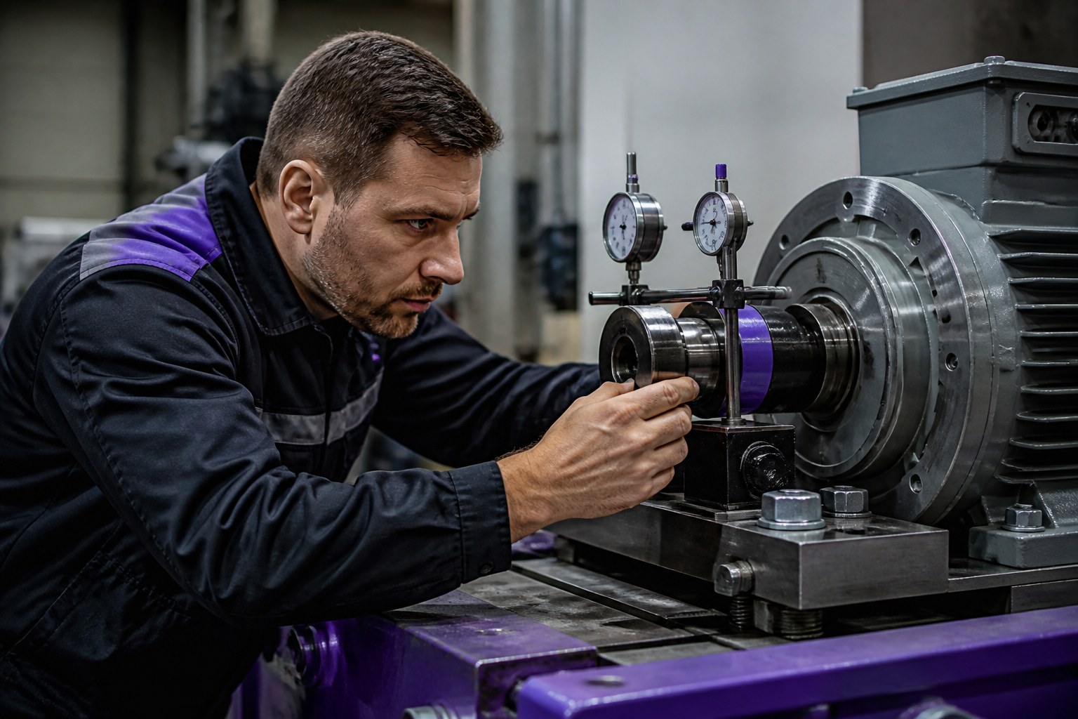 Industrial mechanic performing mechanical alignment and inspection on a production machine