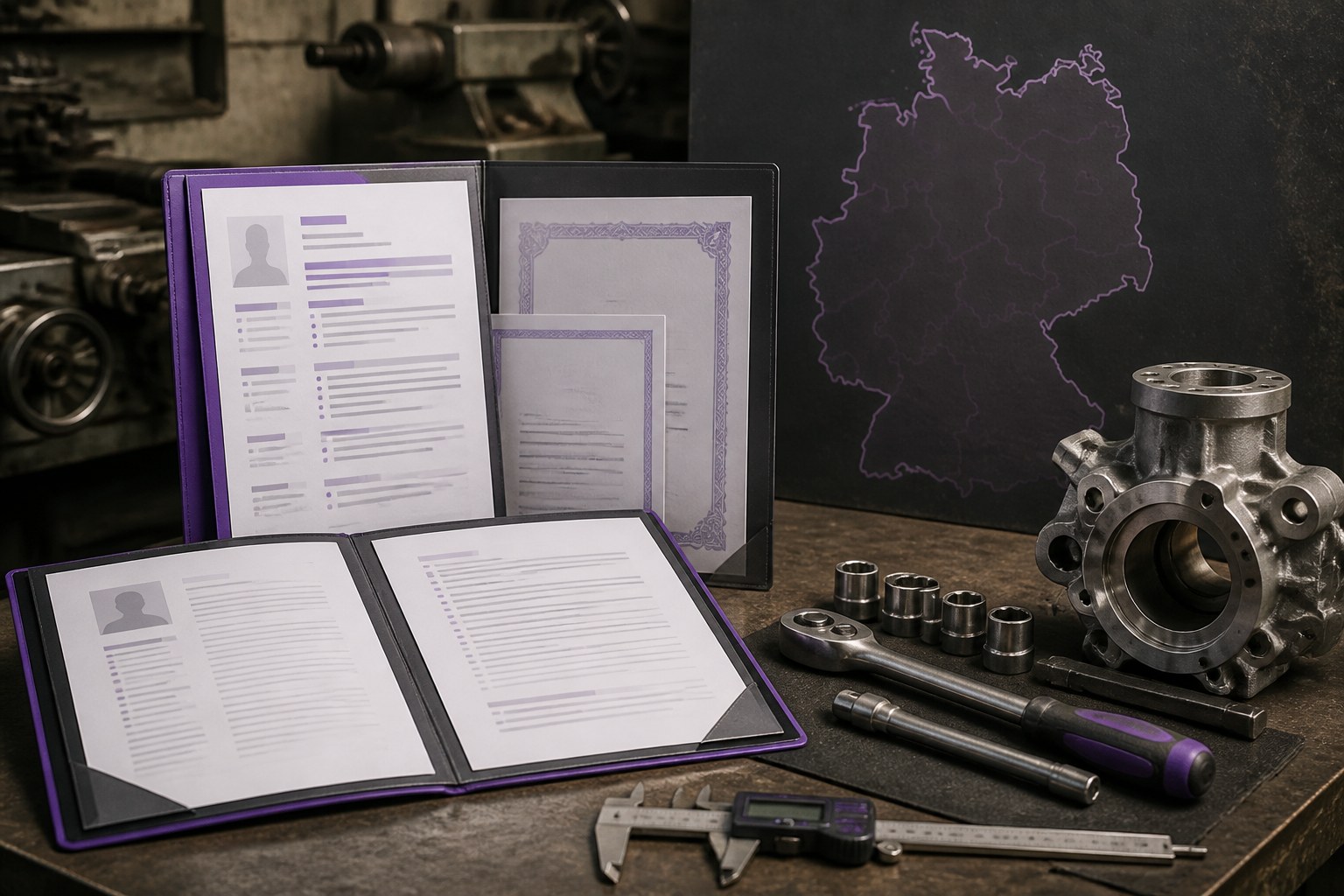 Industrial mechanic application portfolio with abstract certificates, CV layout and Germany outline