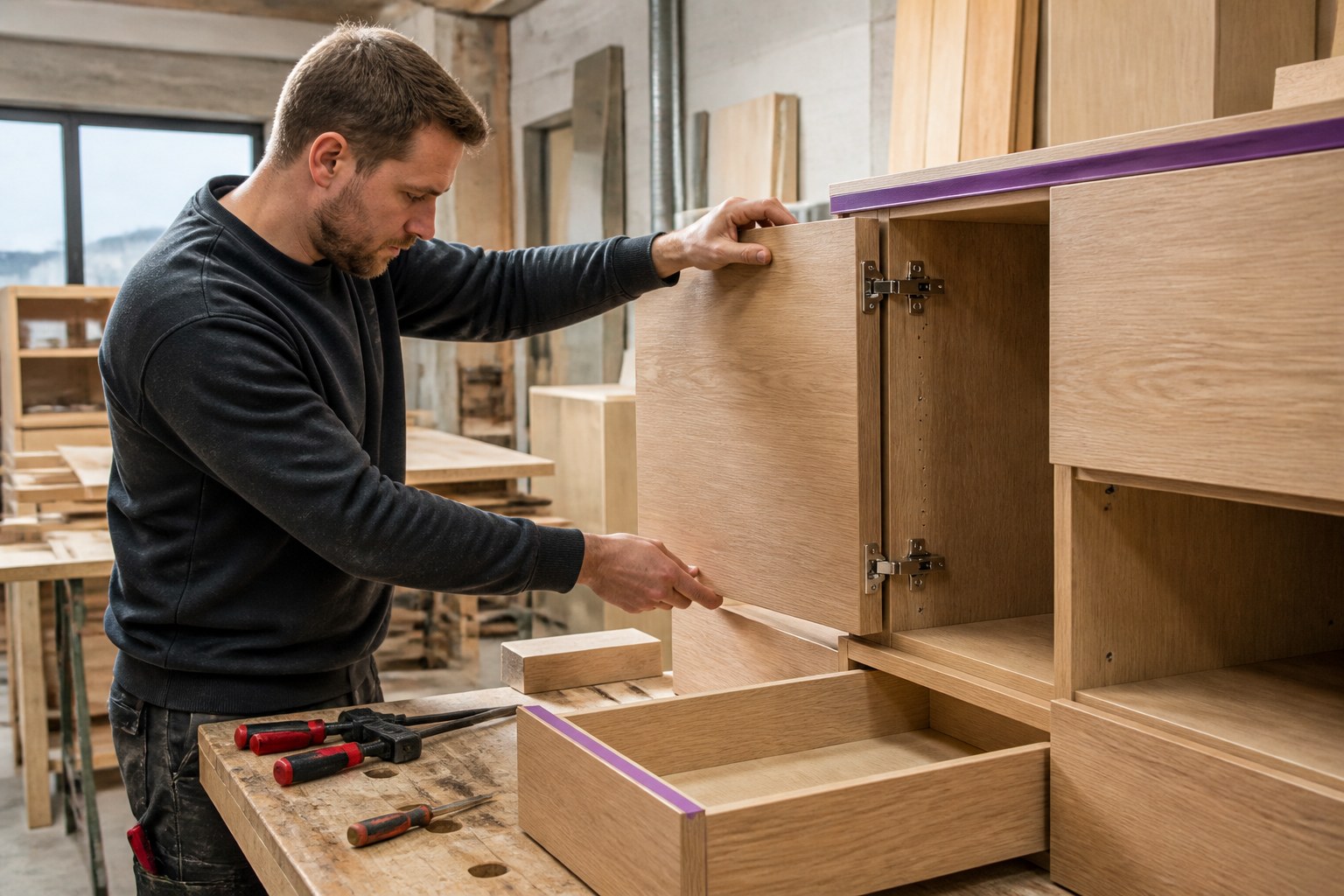 Cabinetmaker aligning doors and drawers while assembling fitted furniture