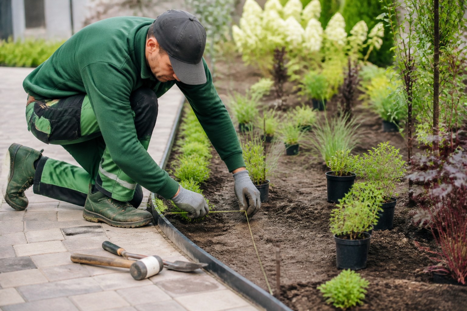 Landscape gardener preparing plants and edging beside a paved path