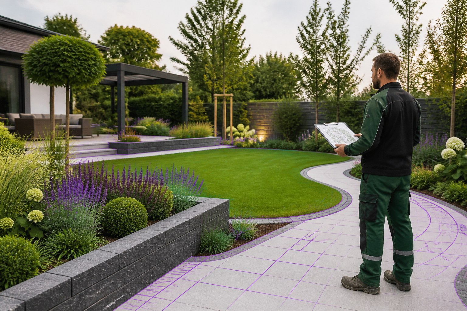 Landscape gardener reviewing a completed green outdoor project